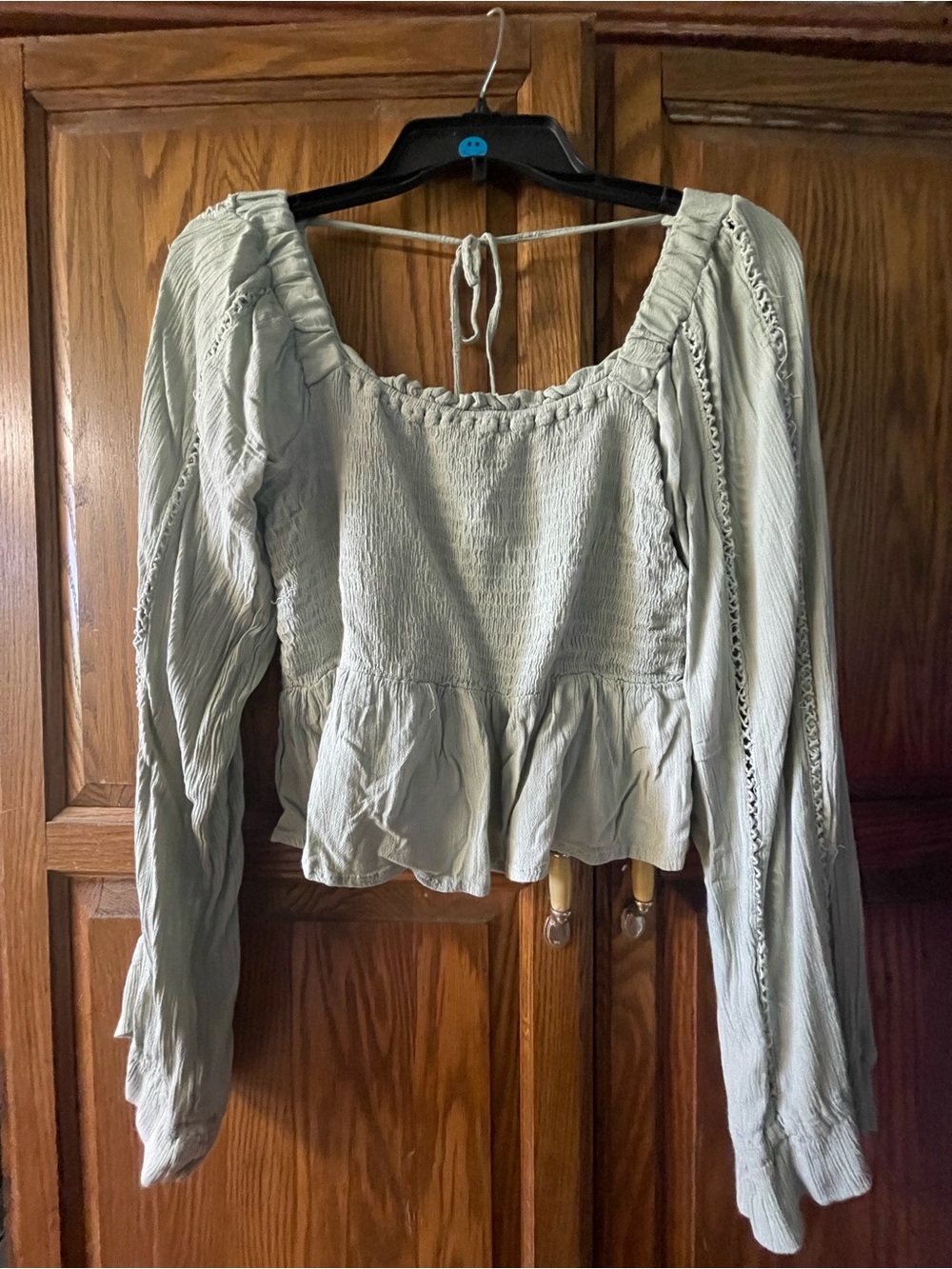 Smocked Peplum Long-Sleeve Top in Light Sage